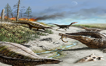 Some 212 million years ago, landscapes weren't all dinosaur-friendly: dry, hot, with wildfires. Credit: Victor Leshyk